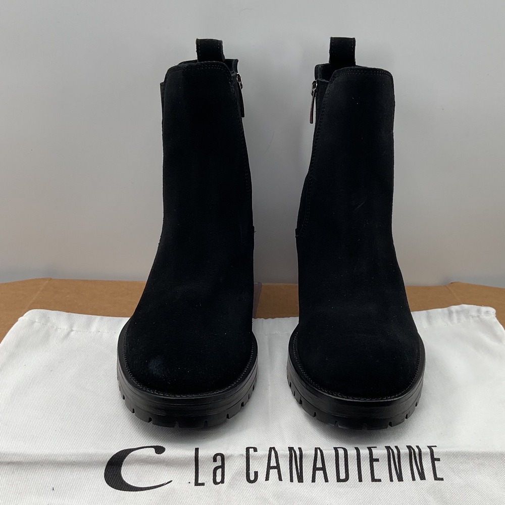 La Canadienne Black Suede Ankle Boots Block Heel Lug Sole Zipper Women Size 8